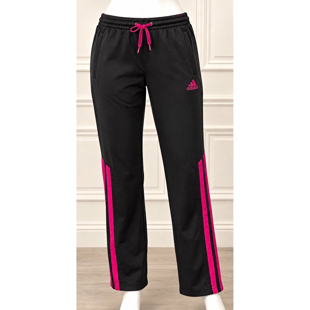 ADIDAS Women's Black Pink Striped Track Pants M Drawstring Elastic Waist Pockets
